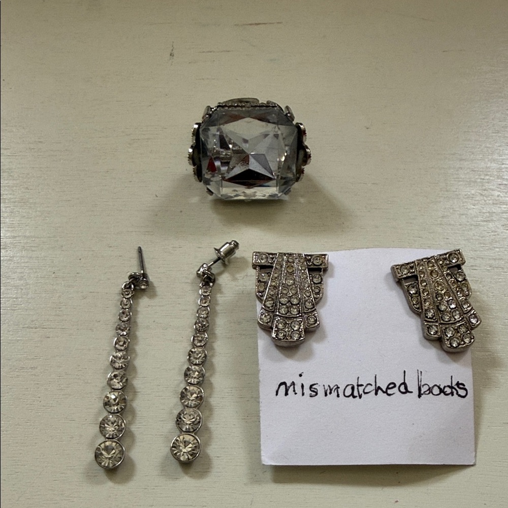 Crystal Statement Ring and Rhinestone Earrings Trio - Silver Clear